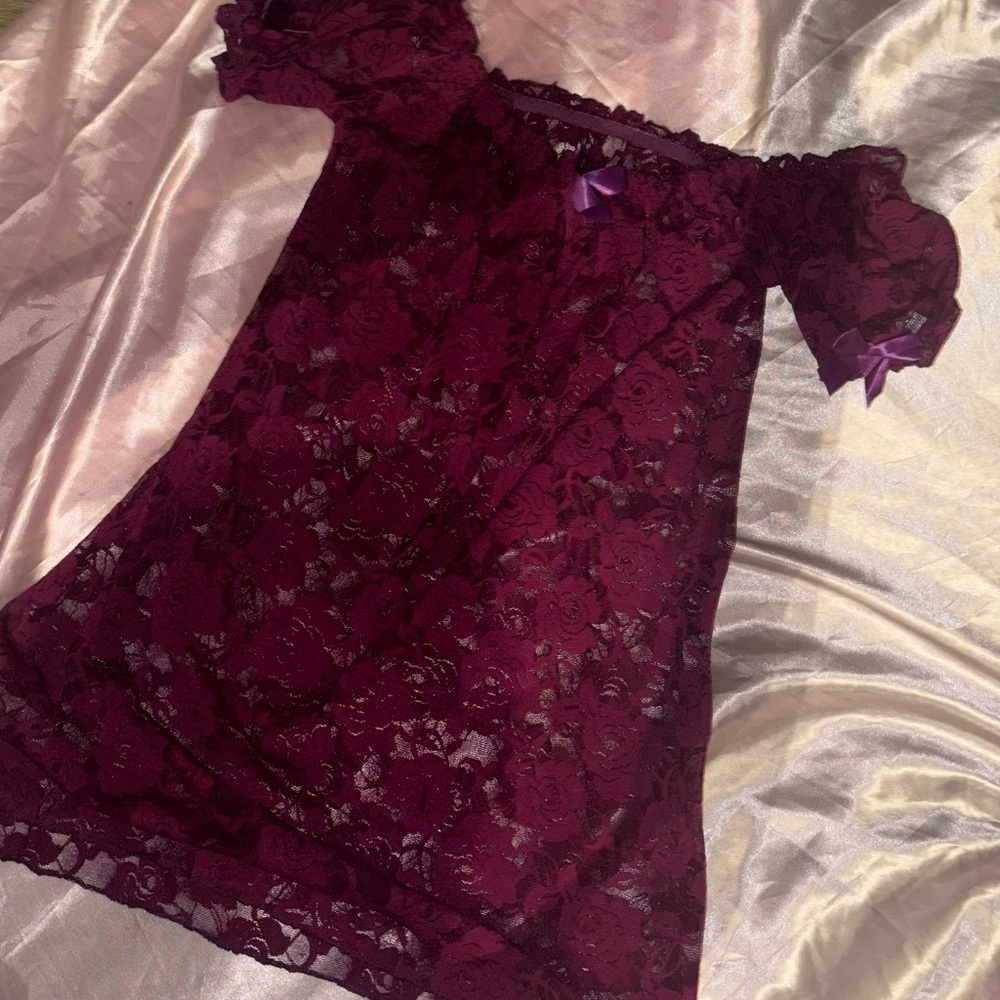 Burgundy Lace Babydoll Bow Dress Coquette